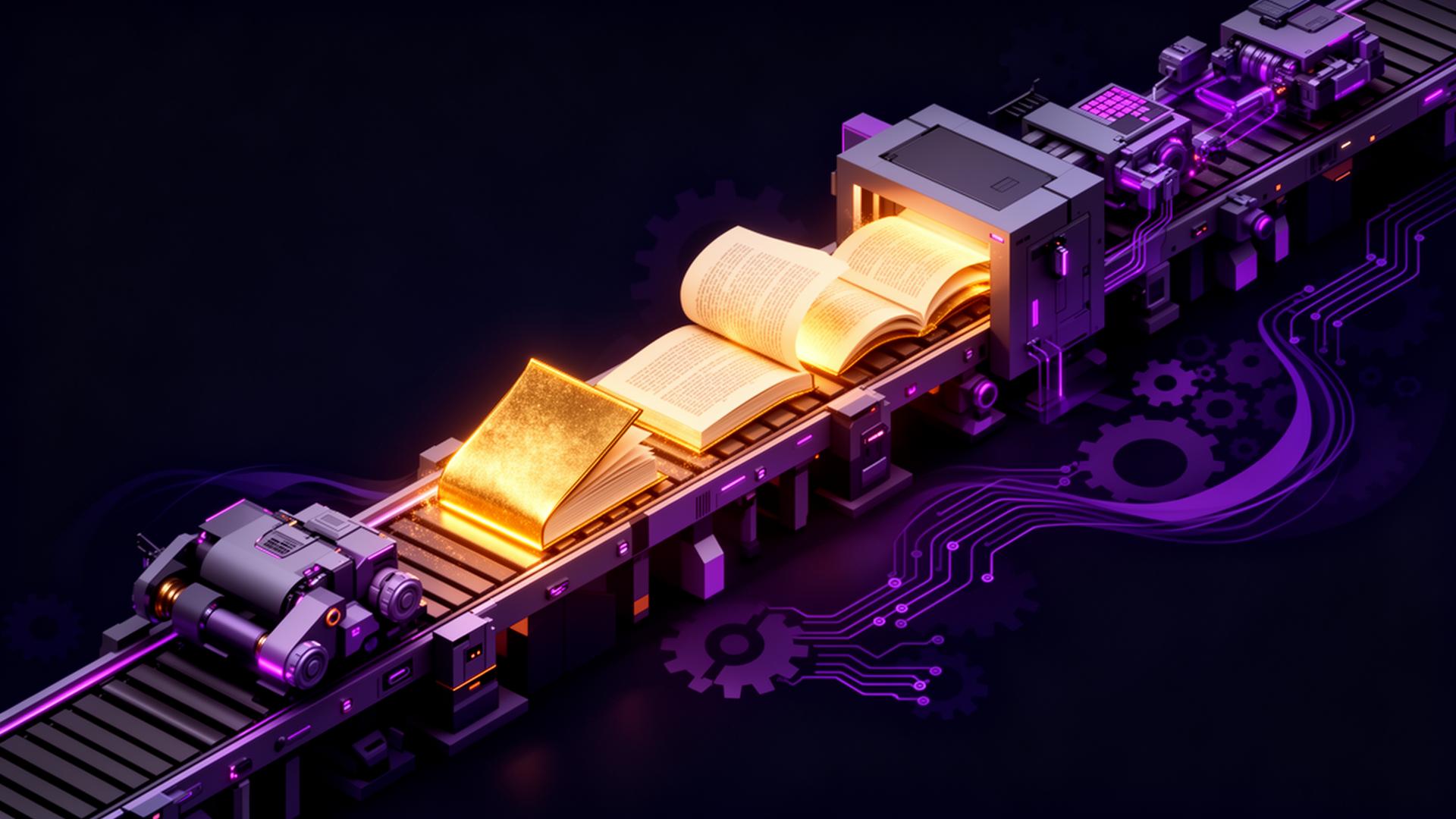 Illustration of an autonomous publishing factory turning ideas into golden books